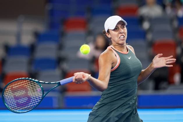 WUHAN, CHINA - OCTOBER 07: Madison Keys of United States competes in the Women s Singles Round of 64 match against Beatriz Haddad Maia of Brazil on day three of 2024 Wuhan Open at Optics Valley International Tennis Center on October 7, 2024 in Wuhan, Hubei Province of China.  Copyright: xVCGx 111522340913