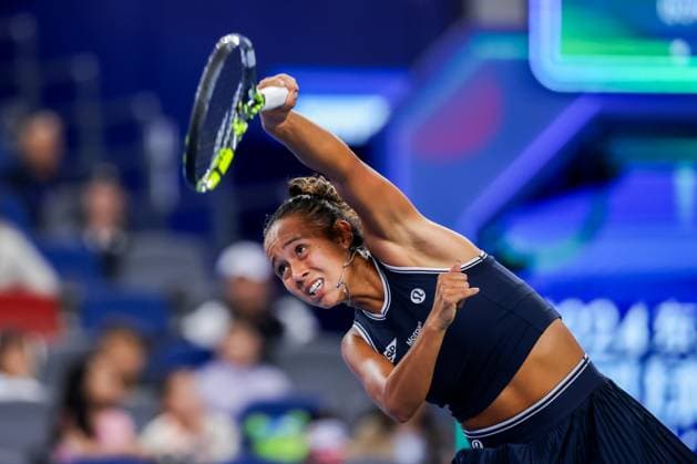 WUHAN, CHINA - OCTOBER 07: Leylah Fernandez of Canada competes in the Women s Singles Round of 64 match against Diana Shnaider of Russia on day three of 2024 Wuhan Open at Optics Valley International Tennis Center on October 7, 2024 in Wuhan, Hubei Province of China.  Copyright: xVCGx 111522353390