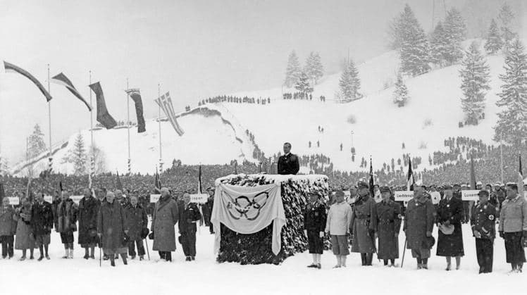GERMANY GARMISCH-PARTENKIRCHEN 1936-02. Karl Ritter von Halt, sports official, German member of the IOC, during the opening speech at the grand opening of the 1936 Winter Olympic Games, Olympische Spiele, Olympia, OS Garmisch-Partenkirchen Germany OS sp_sw x5600x *** GERMANY GARMISCH PARTENKIRCHEN 1936 02 Karl Ritter von Halt, sports official, German member of the IOC, during the opening speech at the grand opening of the 1936 Winter Olympic Games Garmisch Partenkirchen Germany OS sp sw x5600x  Copyright: xScherlxBilderdienst SVTx 1936 WINTER OLYMPICS