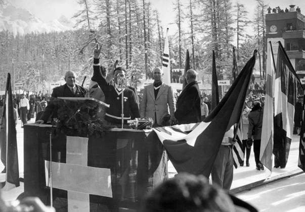 SWITZERLAND SAINT MORITZ 1948-01-30. Riccardo Torriani, Switzerland, reads the Olympic Oath during the opening ceremony at the 1948 Winter Olympics. Sankt Moritz Switzerland OS sp_sw x5600x *** SWITZERLAND SAINT MORITZ 1948 01 30 Riccardo Torriani, Switzerland, reads the Olympic Oath during the opening ceremony at the 1948 Winter Olympics Sankt Moritz Switzerland OS sp sw x5600x  Copyright: xAgencexFrancexPresse SVTx WINTER OLYMPICS 1948
