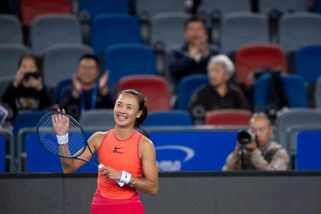 (241007) -- WUHAN, Oct. 7, 2024 -- Yuan Yue of China celebrates after winning the women s singles round of 64 match against Clara Burel of France at the 2024 Wuhan Open tennis tournament in Wuhan, capital of central China s Hubei Province, Oct. 7, 2024. ) (SP)CHINA-WUHAN-TENNIS-WUHAN OPEN-WOMEN S SINGLES (CN) WuxZhizun 