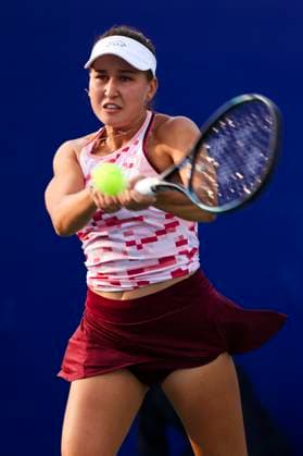 WUHAN, CHINA - OCTOBER 08: Kamilla Rakhimova of Russia competes in the Women s Singles Round of 64 match against Moyuka Uchijima of Japan on day four of 2024 Wuhan Open at Optics Valley International Tennis Center on October 8, 2024 in Wuhan, Hubei Province of China.  Copyright: xVCGx 111522587558