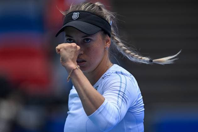 (241008) -- WUHAN, Oct. 8, 2024 -- Yulia Putintseva of Kazakhstan celebrates during the women s singles round of 64 match against Zhang Shuai of China at the 2024 Wuhan Open tennis tournament in Wuhan, capital of central China s Hubei Province, Oct. 8, 2024. ) (SP)CHINA-WUHAN-TENNIS-WUHAN OPEN-WOMEN S SINGLES (CN) WuxZhizun 