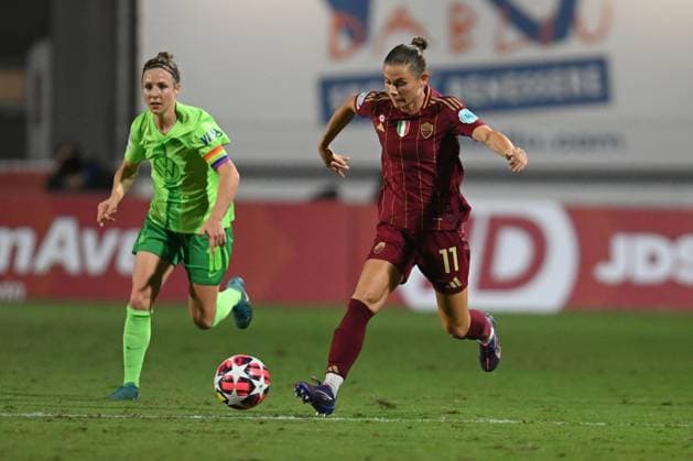 October 8, 2024, Rome, Milan, Italy: Emilie Haavi of A.S. Roma Women during the Women Champion League Rome vs Wolfsburg 08 October 2024 at the Tre Fontane Stadium in Rome CALCIO - Champions League Women - Roma Women vs Wolfsburg  - ZUMAs349 20241008_zsa_s349_079 Copyright: xMassimilianoxCervera IpaxSportx