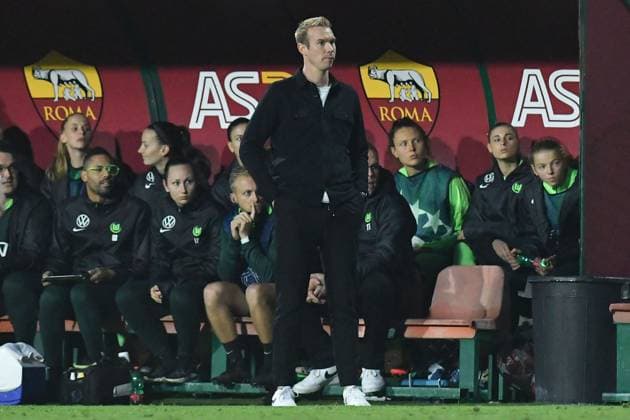 CALCIO - Champions League Women - Roma Women vs Wolfsburg Wolfsburg women Coach Tommy Stroot during the Womenâ??s Champions League match between Roma Women v Wolfsburg woman at Tre Fontane stadium in Rome, Italy, October 08th, 2024. Mattia Vian during Roma Women vs Wolfsburg, UEFA Champions League Women football match in Rome, Italy, October 08 2024 Rome Italy  Copyright: xIPAxSport ABACAx