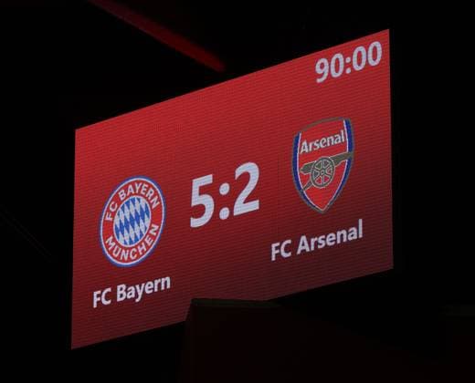München, Deutschland, 09. Oktober 2024: Fussball, Frauen, Champions League, 1.Spieltag, Saison 2024 2025, FC Bayern München - FC Arsenal, Campus Endstand 5:2 auf der Anzeigetafel