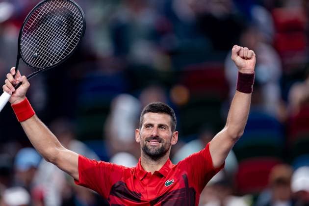 SHANGHAI, CHINA - OCTOBER 09: Novak Djokovic of Serbia celebrates after winning the Men s Singles Round of 16 match against Roman Safiullin of Russia on Day 10 of 2024 Shanghai Rolex Masters at Qi Zhong Tennis Centre on October 9, 2024 in Shanghai, China.  Copyright: xVCGx 111522783982