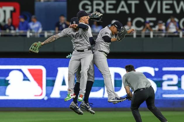 October 9, 2024: New York Yankees left fielder Alex Verdugo (24), left, New York Yankees center fielder Aaron Judge (99), center, and New York Yankees right fielder Juan Soto (22) celebrate their 3-2 win over the Kansas City Royals in game 3 of the American League Division Series at Kauffman Stadium in Kansas City, MO. CSM Kansas City United States of America - ZUMAc04_ 20241009_zma_c04_039 Copyright: xDavidxSmithx