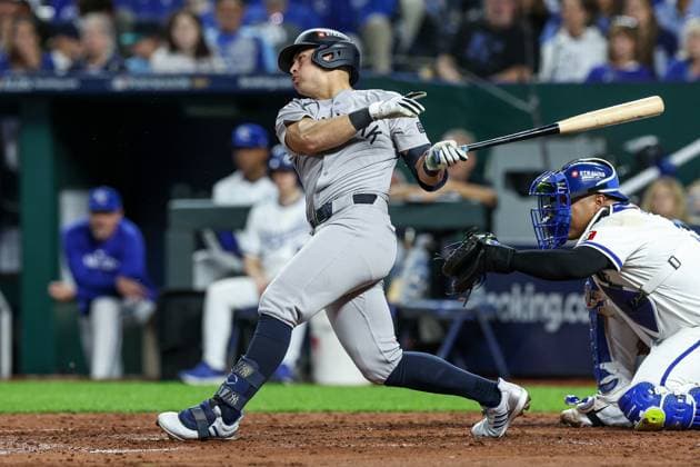 October 9, 2024: New York Yankees shortstop Anthony Volpe (11) watches his RBI single during the fifth inning of game 3 of the American League Division Series against the Kansas City Royals at Kauffman Stadium in Kansas City, MO. CSM Kansas City United States of America - ZUMAc04_ 20241009_zma_c04_045 Copyright: xDavidxSmithx