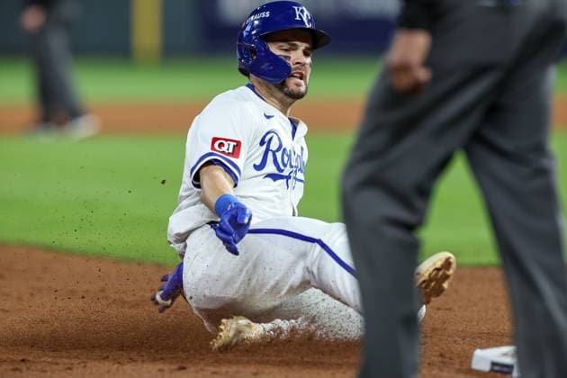 October 9, 2024: Kansas City Royals second baseman Michael Massey (19) slides into third base for an RBI triple against the New York Yankees during the fifth inning of game 3 of the American League Division Series at Kauffman Stadium in Kansas City, MO. CSM Kansas City United States of America - ZUMAc04_ 20241009_zma_c04_059 Copyright: xDavidxSmithx