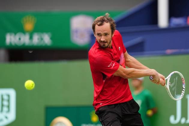 (241010) -- SHANGHAI, Oct. 10, 2024 -- Daniil Medvedev hits a return during the men s singles quarterfinal match between Jannik Sinner of Italy and Daniil Medvedev of Russia at the ATP, Tennis Herren World Tour Shanghai Masters tennis tournament in Shanghai, east China, Oct. 10, 2024. ) (SP)CHINA-SHANGHAI-TENNIS-ATP TOUR-SHANGHAI MASTERS(CN) XuxYanan 