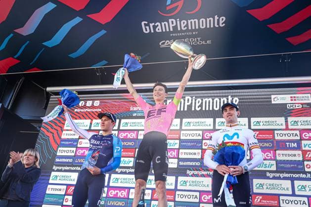 Podium Gran Piemonte, POWLESS Neilson, STRONG Corbin, ARANBURU Alexander during Gran Piemonte, Street Cycling race in Borgomanero, Italy, October 10 2024  Copyright: xTommasoxBerardi IPAxSportx xipa-x xx IPA_50495932 IPA_Agency_IPA50495932