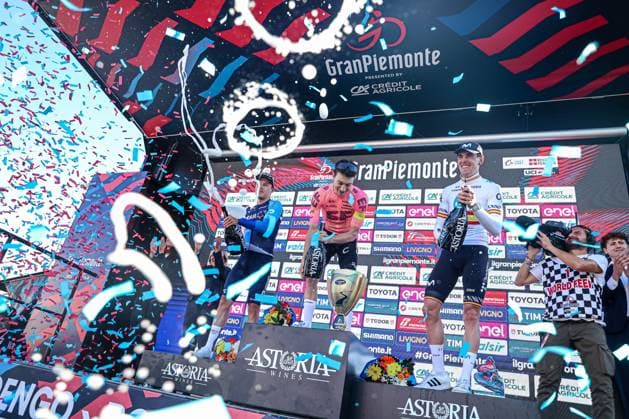 October 10, 2024, Borgomanero, Milan, Italy: Podium Gran Piemonte, POWLESS Neilson, STRONG Corbin, ARANBURU Alexander during Gran Piemonte, Street Cycling race in Borgomanero, Italy, October 10 2024 CICLISMO - Ciclismo Su Strada - Gran Piemonte  - ZUMAs349 20241010_zsa_s349_039 Copyright: xTommasoxBerardi IpaxSportx xIpax