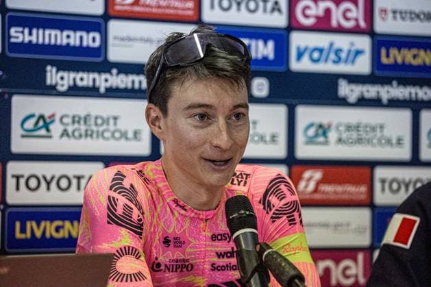 Neilson Powless in press conference, PK, Pressekonferenz during Gran Piemonte, Street Cycling race in Borgomanero, Italy, October 10 2024  Copyright: xTommasoxBerardi IPAxSportx xipa-x xx IPA_50496358 IPA_Agency_IPA50496358