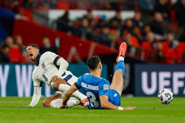 Jude Bellingham of England being tackled by Konstantinos Koulierakis of Greece during the UEFA Nations League match England v Greece, Football, UEFA Nations League, Wembley Stadium, Wembley, London, UK - 10 10 2024 Editorial use only  Copyright: xMATTHEWxIMPEY Shutterstockx 14774495ad