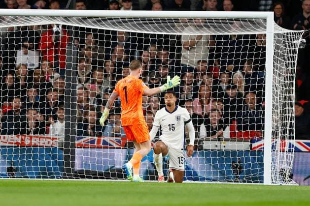 Levi Colwill of England puffs his cheeks out after clearing the ball off the line after goalkeeper Jordan Pickford loses the ball England v Greece, Football, UEFA Nations League, Wembley Stadium, Wembley, London, UK - 10 10 2024 Editorial use only  Copyright: xMATTHEWxIMPEY Shutterstockx 14774495ag