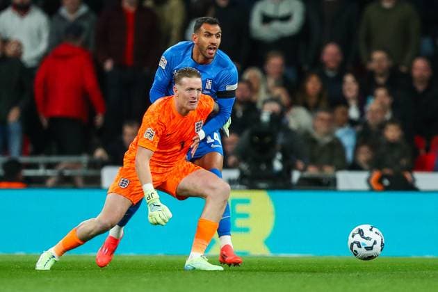 UEFA Nations League - League B - Group B2 - England v Greece Jordan Pickford of England gives the ball away during the UEFA Nations League - League B - Group B2 - match England vs Greece at Wembley Stadium, London, United Kingdom, 10th October 2024 (Photo by Gareth Evans News Images) London Wembley Stadium Greater London United Kingdom Copyright: xGarethxEvans NewsxImagesx