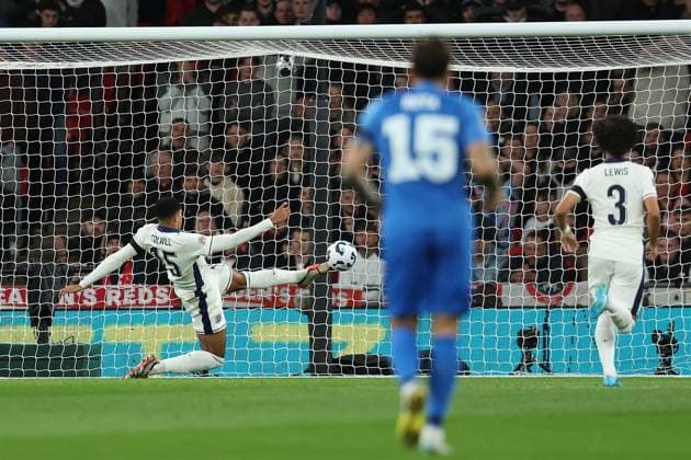 London, England, 10th October 2024. Levi Colwill of England clears the ball off the goal line during the UEFA Nations League match at Wembley Stadium, London. Picture credit should read: Paul Terry Sportimage EDITORIAL USE ONLY. No use with unauthorised audio, video, data, fixture lists, club league logos or live services. Online in-match use limited to 120 images, no video emulation. No use in betting, games or single club league player publications. SPI-3369-0011