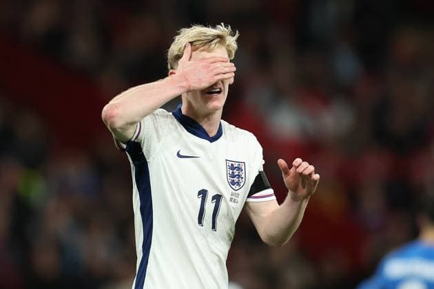 London, England, 10th October 2024. Anthony Gordon of England reacts after missing a shot on goal during the UEFA Nations League match at Wembley Stadium, London. Picture credit should read: Paul Terry Sportimage EDITORIAL USE ONLY. No use with unauthorised audio, video, data, fixture lists, club league logos or live services. Online in-match use limited to 120 images, no video emulation. No use in betting, games or single club league player publications. SPI-3369-0016