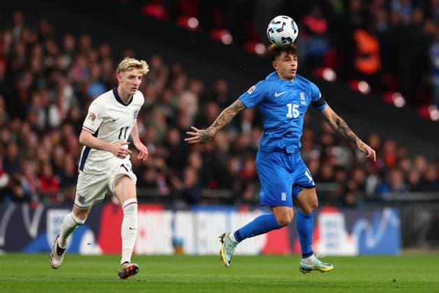 10th October 2024; Wembley Stadium, London, England; Nations League, League B, Group 2 International Football, England versus Greece; Lazaros Rota of Greece takes on Anthony Gordon of England  ActionPlus12702209 ShaunxBrooks