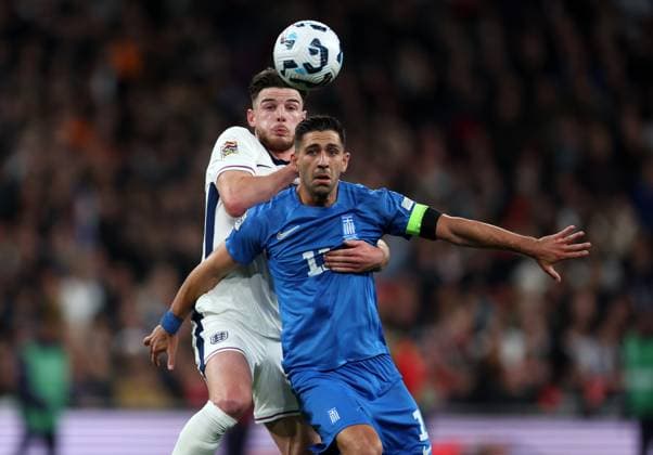 Declan Rice of England with Anastasios Bakasetas of Greece England v Greece - UEFA Nations League - League B - Group 2. Football. Wembey Stadium, London. UK. 10 OCT 2024 Editorial use only  Copyright: xJASONPIX Shutterstockx 14774704n