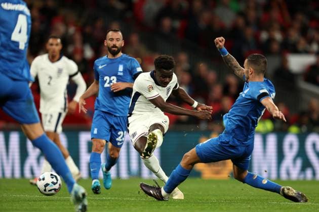Bukayo Saka of England with a shot on goal England v Greece - UEFA Nations League - League B - Group 2. Football. Wembey Stadium, London. UK. 10 OCT 2024 Editorial use only  Copyright: xJASONPIX Shutterstockx 14774704m