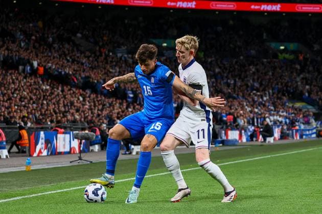 England v Greece UEFA Nations League Anthony Gordon of England and Lazaros Rota of Greece during the UEFA Nations League Group F match at Wembley Stadium, London UK Newspapers OUT Copyright: xYannisxHalasx FIL-20750-0051