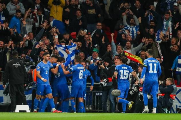 UEFA Nations League - League B - Group B2 - England v Greece Vangelis Pavlidis of Greece celebrates her goal with teammates to make it 0-1 during the UEFA Nations League - League B - Group B2 - match England vs Greece at Wembley Stadium, London, United Kingdom, 10th October 2024 (Photo by Gareth Evans News Images) London Wembley Stadium Greater London United Kingdom Copyright: xGarethxEvans NewsxImagesx