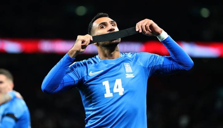 Sport Bilder des Tages Vangelis Pavlidis of Greece celebrates after he scores the opening goal to put Greece 1-0 up England v Greece - UEFA Nations League - League B - Group 2. Football. Wembey Stadium, London. UK. 10 OCT 2024 Editorial use only  Copyright: xJASONPIX Shutterstockx 14774704aa