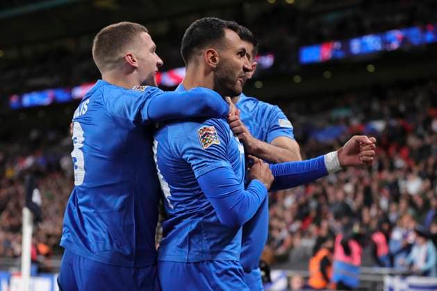 England v Greece UEFA Nations League Vangelis Pavlidis of Greece celebrates scoring his side™s 1st goal during the UEFA Nations League Group F match at Wembley Stadium, London UK Newspapers OUT Copyright: xPaulxChestertonx FIL-20749-0033