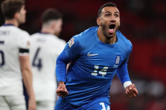 Vangelis Pavlidis of Greece celebrates after he scores the opening goal to put Greece 1-0 up England v Greece - UEFA Nations League - League B - Group 2. Football. Wembey Stadium, London. UK. 10 OCT 2024 Editorial use only  Copyright: xJASONPIX Shutterstockx 14774704aj