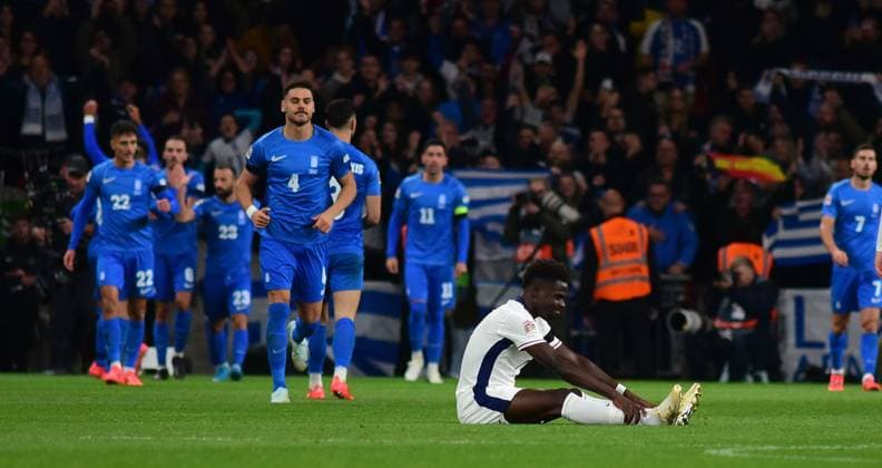 England v Greece, London, UK - 10 Oct 2024 Bukayo Saka of England looks dejected after going down injured following Vangelis Pavlidis of GreeceÕs goal during the UEFA Nations League match between England and Greece on 10th October 2024 at Wembley Stadium, London London Wembley Stadium London GBR Copyright: xFrankiexOKeeffe PPAUKx PPA-141746