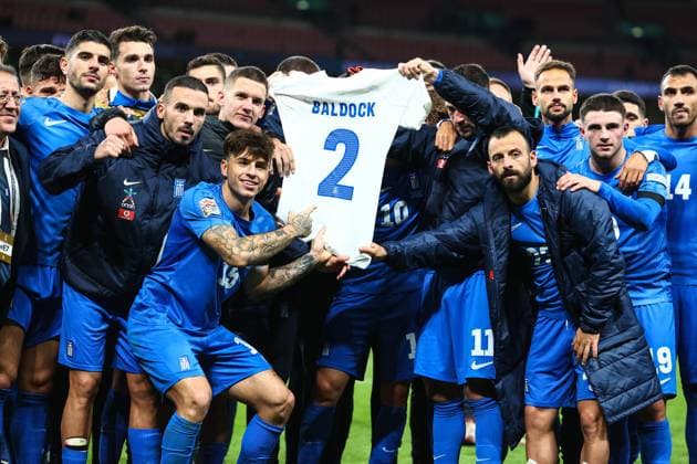 England v Greece 10 October 2024, London - International Football, UEFA Nation™s League - England v Greece - Greece players hold up a shirt bearing George Baldock™s name and number after their victory over England - Photo: Charlotte Wilson Offside. London UK Copyright: xCharlottexWilsonx xOffsidexOffside