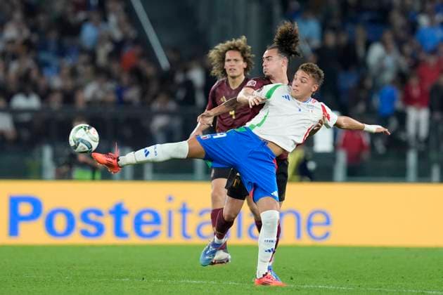 Arthur Theate (Belgium) and Mateo Retegui (Italy) battle for the ball, UEFA Nations League 2024 25 League A Group A2, Italy v Belgium, Stadio Olimpico, October 10, 2024, Rome, Italy.