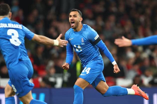 England v Greece 10 October 2024, London - International Football, UEFA Nation™s League - England v Greece - Vangelis Pavlidis of Greece celebrates scoring the opening goal - Photo: Charlotte Wilson Offside. London UK Copyright: xCharlottexWilsonx xOffsidexOffside