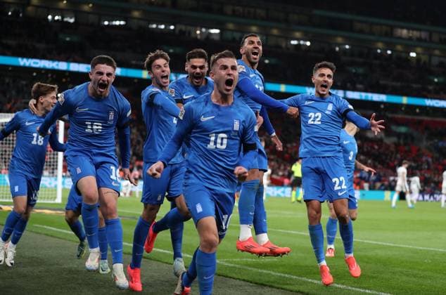 Vangelis Pavlidis of Greece celebrates his 2nd goal to win the game and put Greece 2-1 up England v Greece - UEFA Nations League - League B - Group 2. Football. Wembey Stadium, London. UK. 10 OCT 2024 Editorial use only  Copyright: xJASONPIX Shutterstockx 14774704aw
