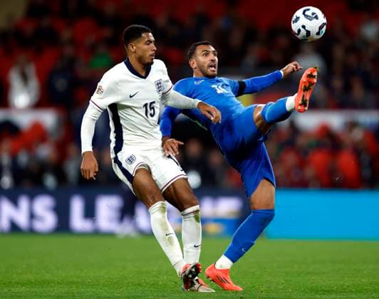 England v Finland - UEFA Nations League 2024 25 League B Group B2 Levi Colwill of England and Vangelis Pavlidis challenge during the UEFA Nations League 2024 25 League B Group B2 match between England and Greece at Wembley Stadium on October 10, 2024 in London, England. London Wembley Stadium England United Kingdom Copyright: xNigelxFrench Sportsphoto APLx 14049152