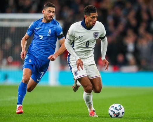 UEFA Nations League - League B - Group B2 - England v Greece Jude Bellingham of England is put under pressure by Georgios Masouras of Greece during the UEFA Nations League - League B - Group B2 - match England vs Greece at Wembley Stadium, London, United Kingdom, 10th October 2024 (Photo by Gareth Evans News Images) London Wembley Stadium Greater London United Kingdom Copyright: xGarethxEvans NewsxImagesx