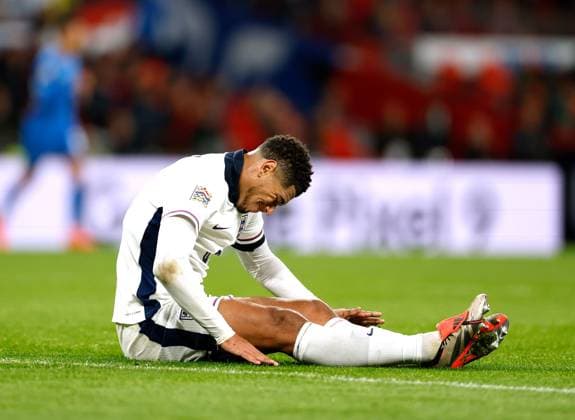 Jude Bellingham of England shows his frustration by slapping the floor England v Greece, Football, UEFA Nations League, Wembley Stadium, Wembley, London, UK - 10 10 2024 Editorial use only  Copyright: xMattxImpey Shutterstockx 14774495cs