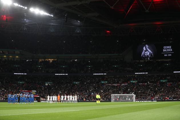 A minutes silence in tribute for George Baldock England v Greece - UEFA Nations League - League B - Group 2. Football. Wembey Stadium, London. UK. 10 OCT 2024 Editorial use only  Copyright: xJASONPIX Shutterstockx 14774704cr