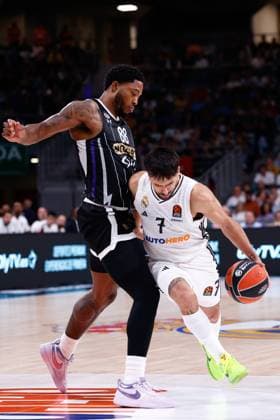 October 10, 2024, Madrid, Madrid, SPAIN: Facundo Campazzo of Real Madrid and Tyrique Jones of Partizan Mozzart Bet Belgrade in action during the Turkish Airlines EuroLeague, basketball match played between Real Madrid and Partizan Mozzart Bet Belgrade at WiZink Center on October 10, 2024 in Madrid, Spain. Madrid SPAIN - ZUMAa181 20241010_zaa_a181_159 Copyright: xDennisxAgyemanx