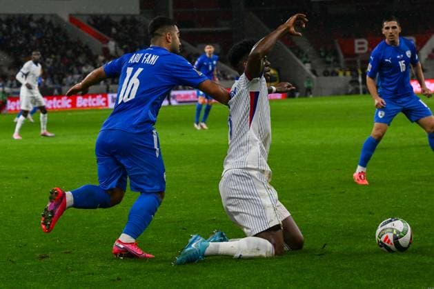 Foul of Mohammad Abu Fani (Israel) on Aurelien Djani Tchouameni (France) during the UEFA Nations League match between Israel vs. France on 10th October 2024 at the Bozsik Arena stadium in Budapest, Hungary  Copyright: xVincenzoxOrlando IPAxSportx xipax xx IPA_50509064 IPA_Agency_IPA50509064