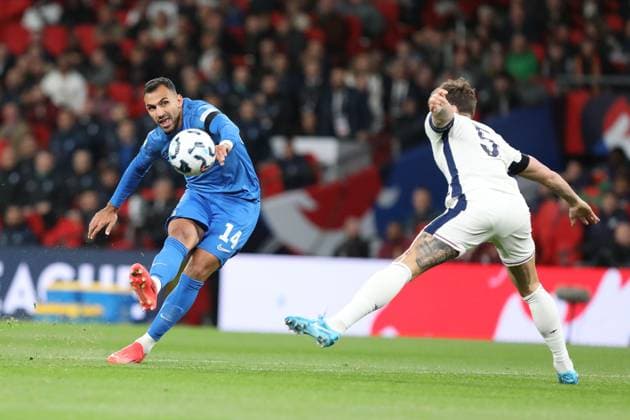 Vangelis Pavlidis of Greece shoots at goal during the UEFA Nations League match between England and Greece at Wembley Stadium, London, England on 10 October 2024. Copyright: xJoshuaxSmithx 41930027