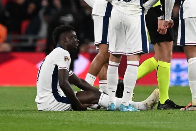 England v Greece UEFA Nations League 10 10 2024. Group 2 Bukayo Saka (7) of England down injured during the UEFA Nations League match between England and Greece at Wembley Stadium, London, England on 10 October 2024. London Wembley Stadium Greater London England Editorial use only , Copyright: xGrahamxHuntx PSI-20580-0290