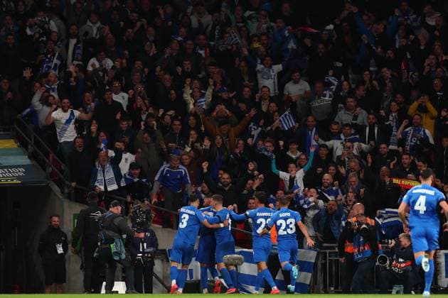 10th October 2024; Wembley Stadium, London, England; Nations League, League B, Group 2 International Football, England versus Greece; Vangelis Pavlidis of Greece celebrates scoring the opening goal for 0-1 in minute 49  ActionPlus12702311 ShaunxBrooks
