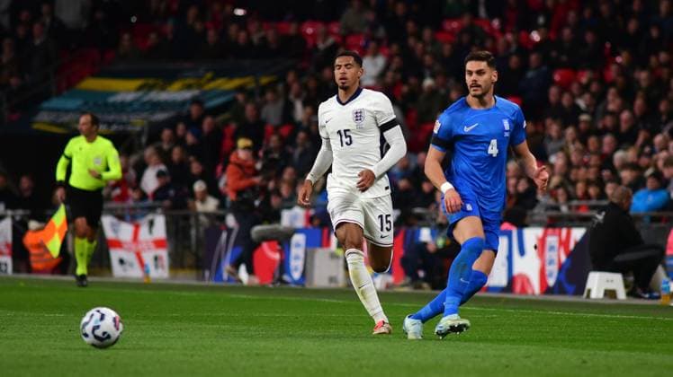 England v Greece, London, UK - 10 Oct 2024 Levi Colwill of England challenges for the ball with Konstantinos Mavropanos of Greece during the UEFA Nations League match between England and Greece on 10th October 2024 at Wembley Stadium, London London Wembley Stadium London GBR Copyright: xFrankiexOKeeffe PPAUKx PPA-141930
