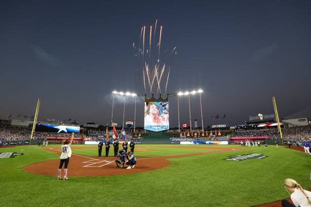 MLB, Baseball Herren, USA 2024: ALDS Yankees vs Royals OCT 10 October 10, 2024: A view of the scoreboard during the National Anthem before game 4 of the American League Division Series between the Kansas City Royals and New York Yankees at Kauffman Stadium in Kansas City, MO. David Smith CSM (Credit Image: Â David Smith Cal Media) Kansas City Mo United States of America EDITORIAL USE ONLY Copyright: xx ZUMA-20241010_zma_c04_024.jpg DavidxSmithx csmphotothree304971