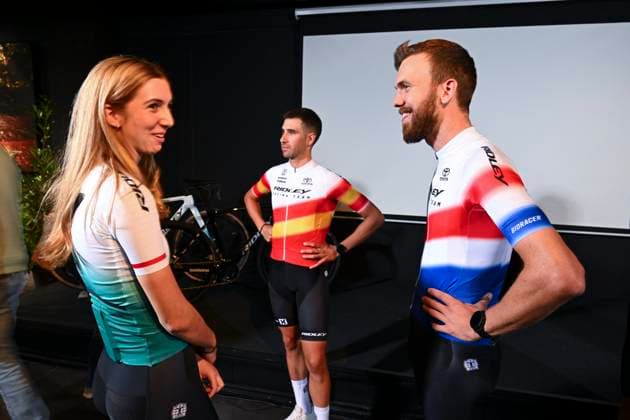 Ridley Racing Team Presentation BERINGEN, BELGIUM - OCTOBER 11 : Lore Sas, Felipe Orts (Spanish CX champion), Daan Soete (BE), Joris Nieuwenhuis (Netherlands CX Champion) during the official presentation of the brand new off-road Ridley Racing Team Cyclocross, Gravel and MTB at the Belgian Bike Valley on October 11, 2024 in Beringen, Belgium, 11 10 2024 Beringen Belgium  Copyright: xVincentxKalutx