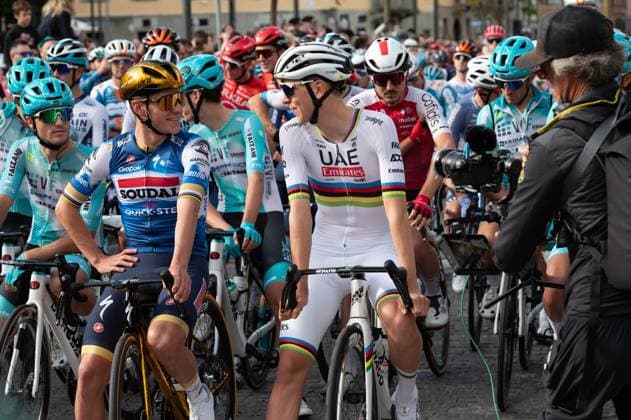 Remco Evenepoel and Tadej Pogacar at the start of Giro di Lombardia 2024 during Giro di Lombardia, Street Cycling race in Bergamo, Italy, October 12 2024  Copyright: xSilviaxColombo IPAxSportx xipa-ax xx IPA_50545798 IPA_Agency_IPA50545798