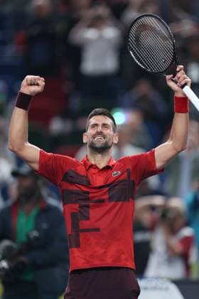 (241012) -- SHANGHAI, Oct. 12, 2024 -- Novak Djokovic celebrates after winning the men s singles semifinal match between Taylor Fritz of the United States and Novak Djokovic of Serbia at the ATP, Tennis Herren World Tour Shanghai Masters tennis tournament in Shanghai, east China, Oct. 12, 2024. ) (SP)CHINA-SHANGHAI-TENNIS-ATP TOUR-SHANGHAI MASTERS(CN) BaixXuefei 